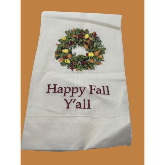 Fall Embroidered Kitchen Dish Tea Towel Happy Fall Y'all Wreath Linen Cotton - Picture 1 of 4